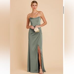 Seaglass Matte Satin Bridesmaid Dress. Strapless Birdy Grey